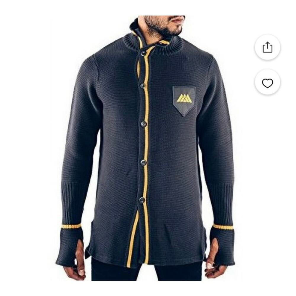 Musterbrand Mens Sz L Destiny Knitted Long Cardigan Stormcaller Grey Yellow